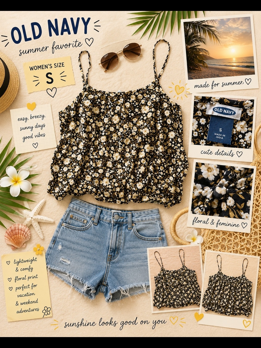 Old Navy Black Floral Spaghetti Strap Cami with White & Cream Flowers
